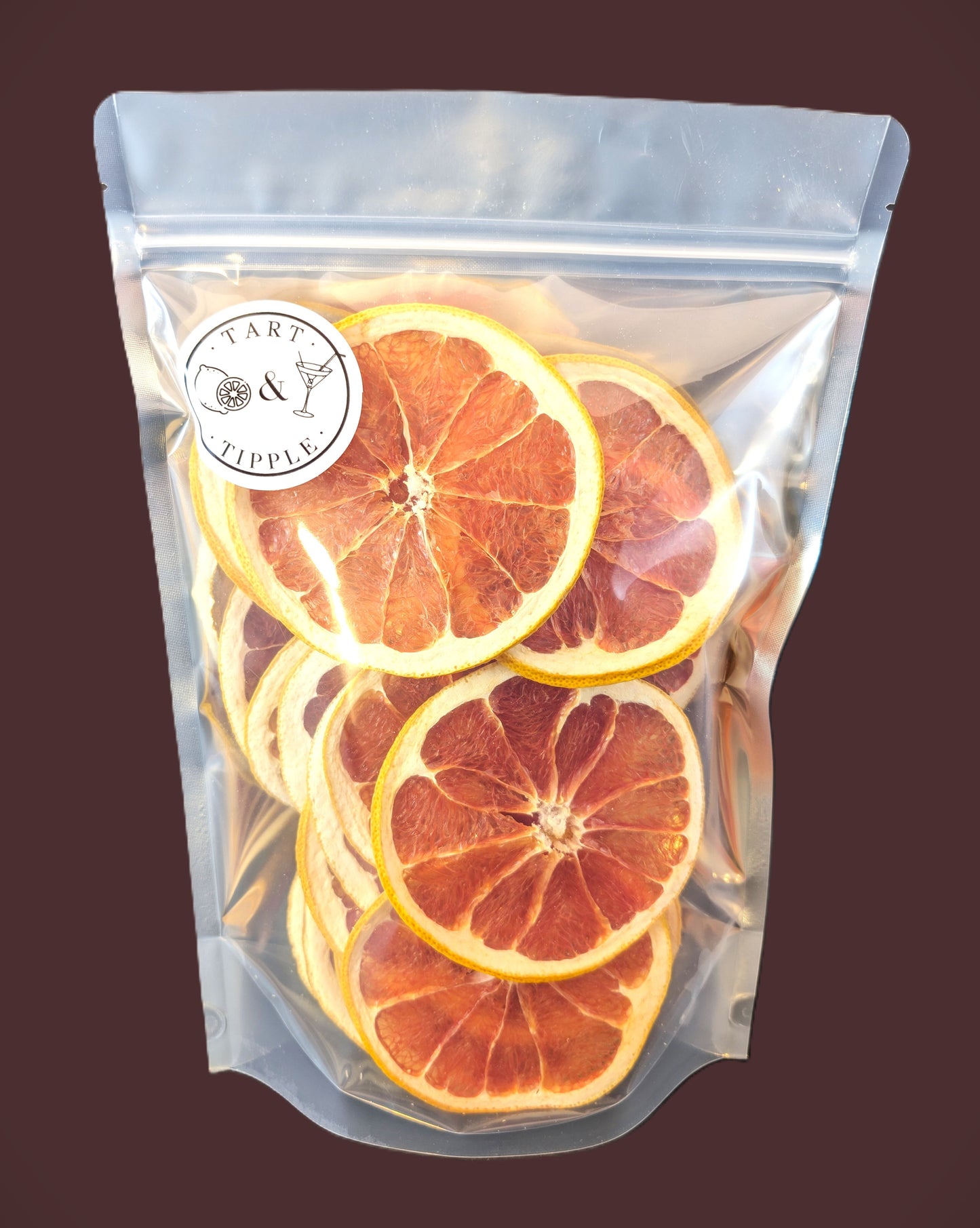 Dehydrated pink grapefruit slices in retail pouch